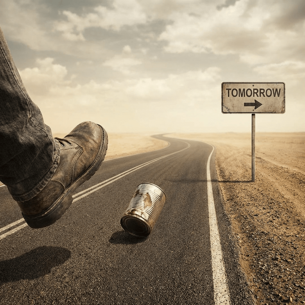 A boot kicks a tin can on a desert road near a sign marked TOMORROW.