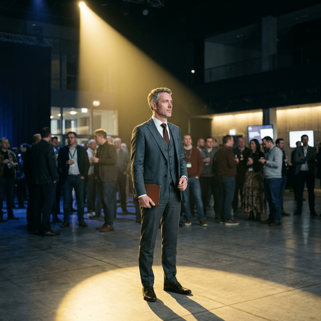 Businessman in gray suit standing in a spotlight holding a folder at a crowded networking event