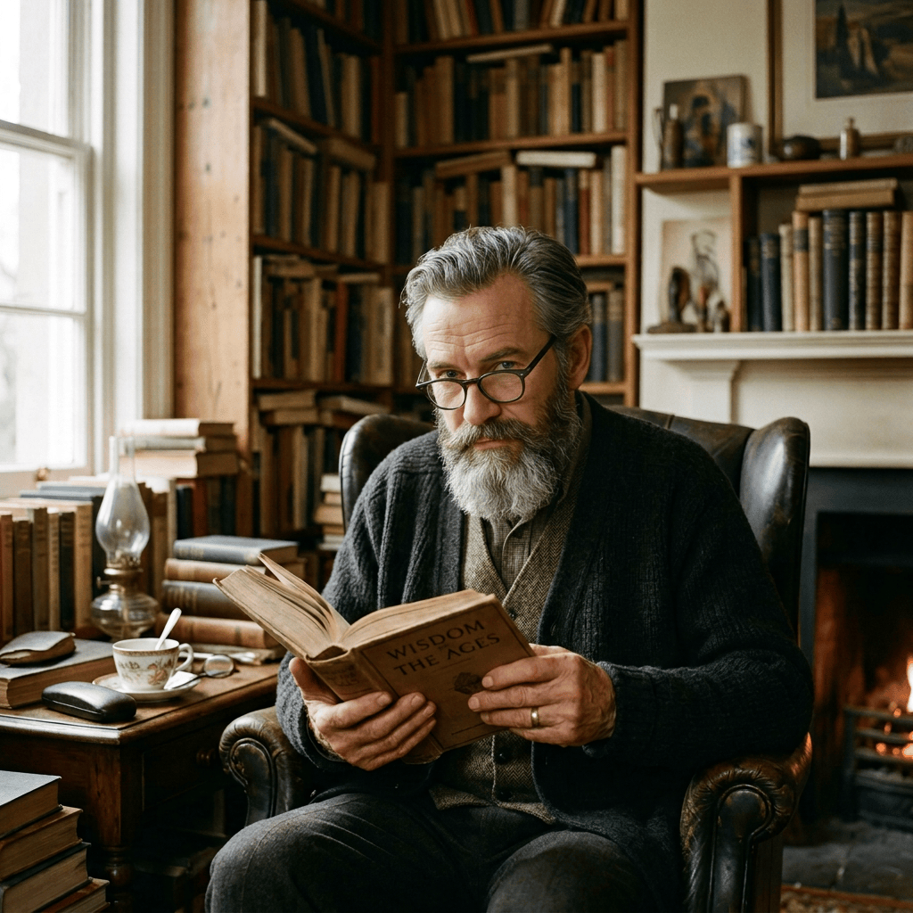 Older man reading Wisdom of the Ages in a book-filled study
